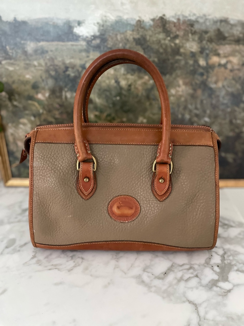 Dooney & Bourke Pebble Grain Satchel Leather Bag in Taupe & Tabacco Brown